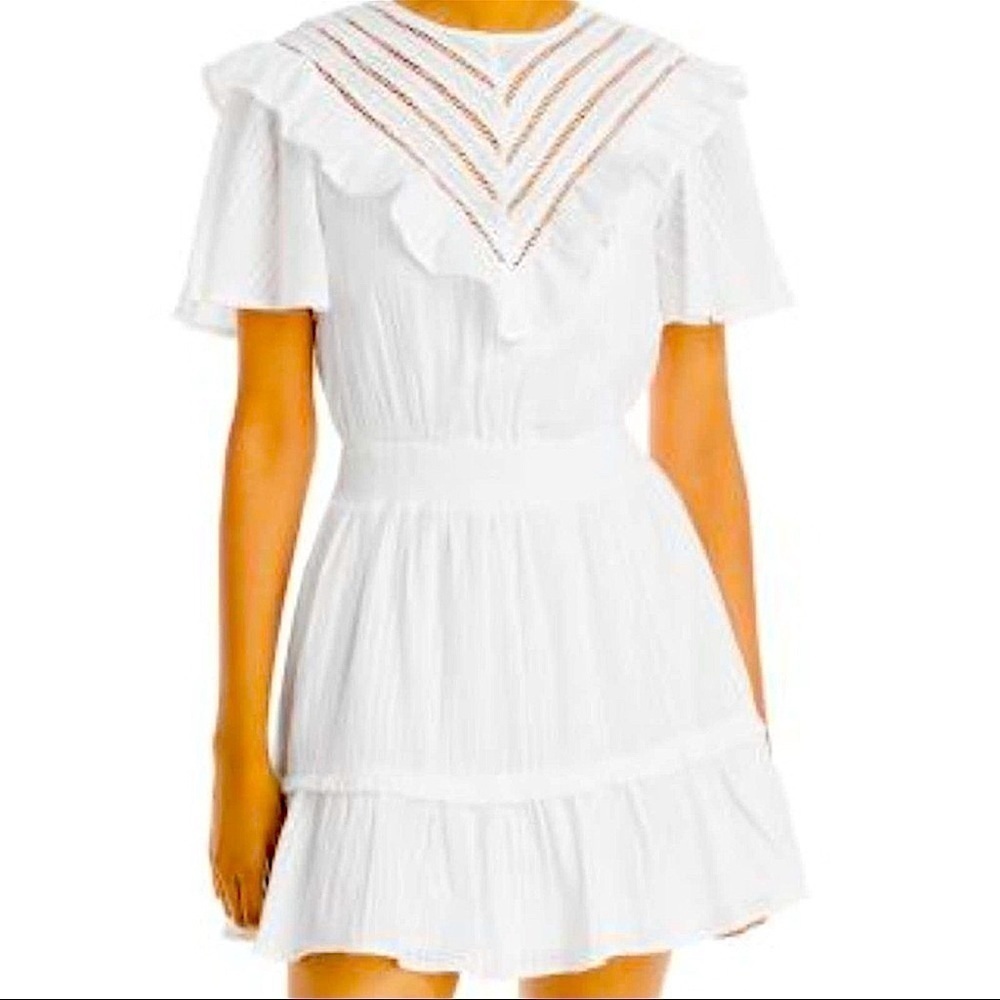 AQUA White lace HIGHNECK RUFFLE mocked waist DRESS Women size M